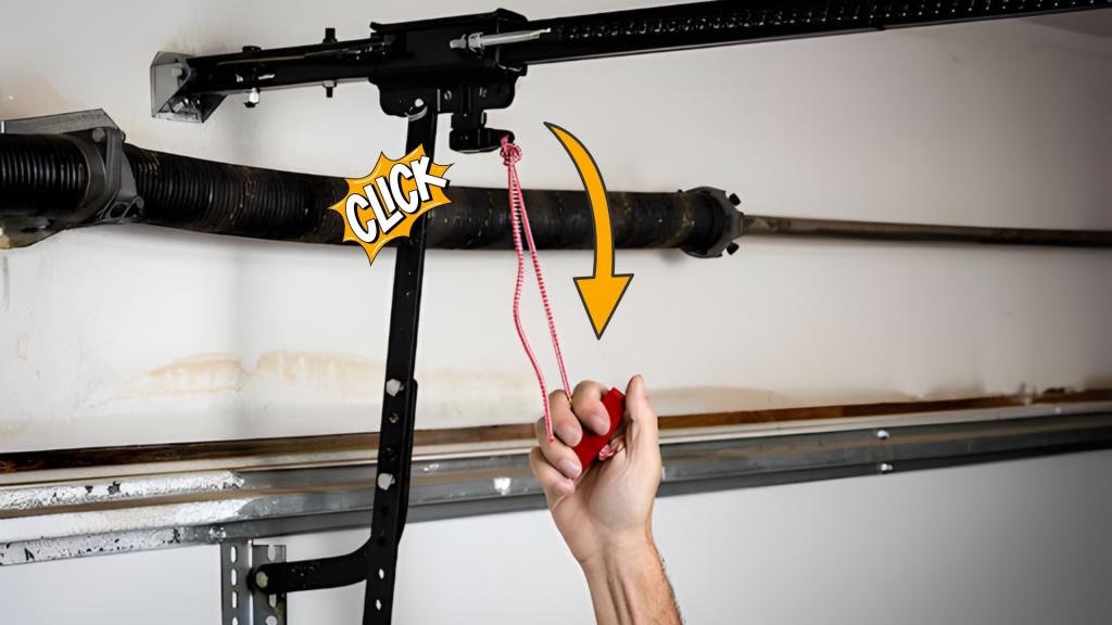 A homeowner pulling the red emergency cord to reset garage door opener manually