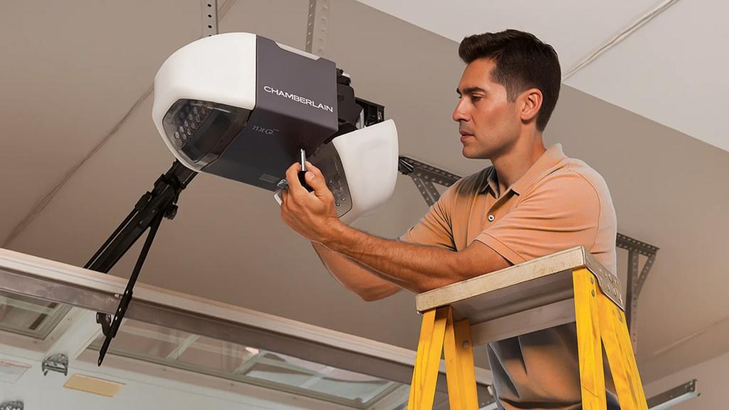 A professional technician resetting a garage door opener for a homeowner
