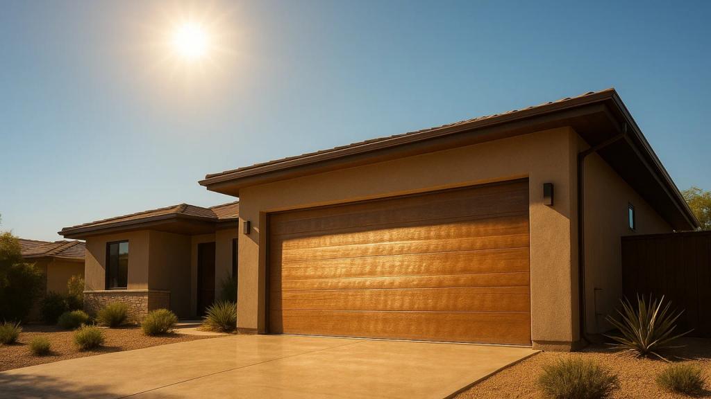 Modern home with durable wooden garage door materials suited for Santa Ana’s warm climate.