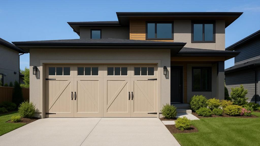 Two-story home with classic carriage-style beige garage door materials
