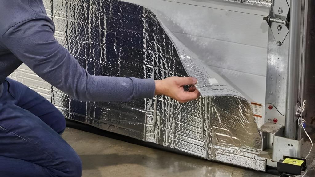 Person installing insulation material on a garage door, showcasing energy-efficient features for improved temperature control and comfort.