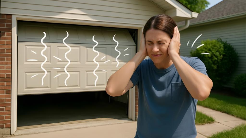 A homeowner in Santa Ana covering ears outside noisy garage door opener
