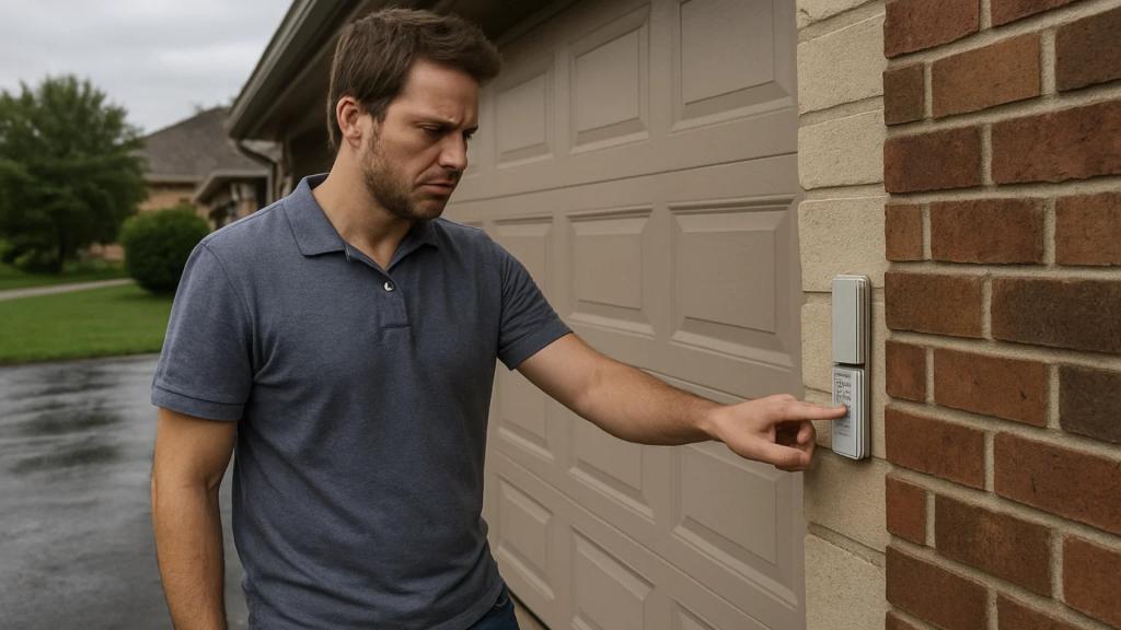 A homeowner testing a faulty keypad, a sign he needs a new garage opener.