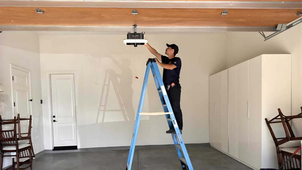 A Garage Door Dimension technician performing new opener installation in Santa Ana home.