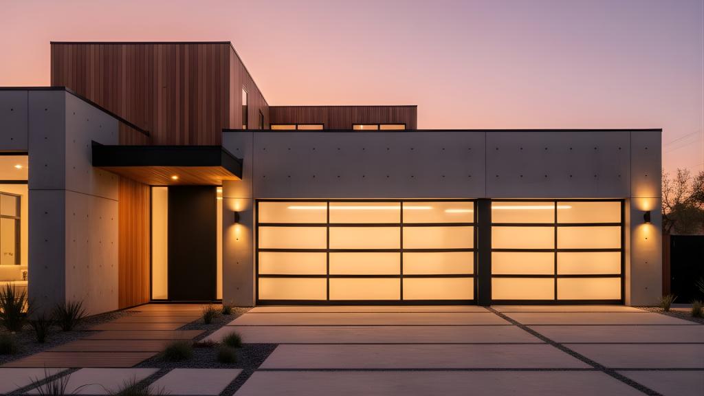 Contemporary home featuring a glass-panel modern garage door style.
