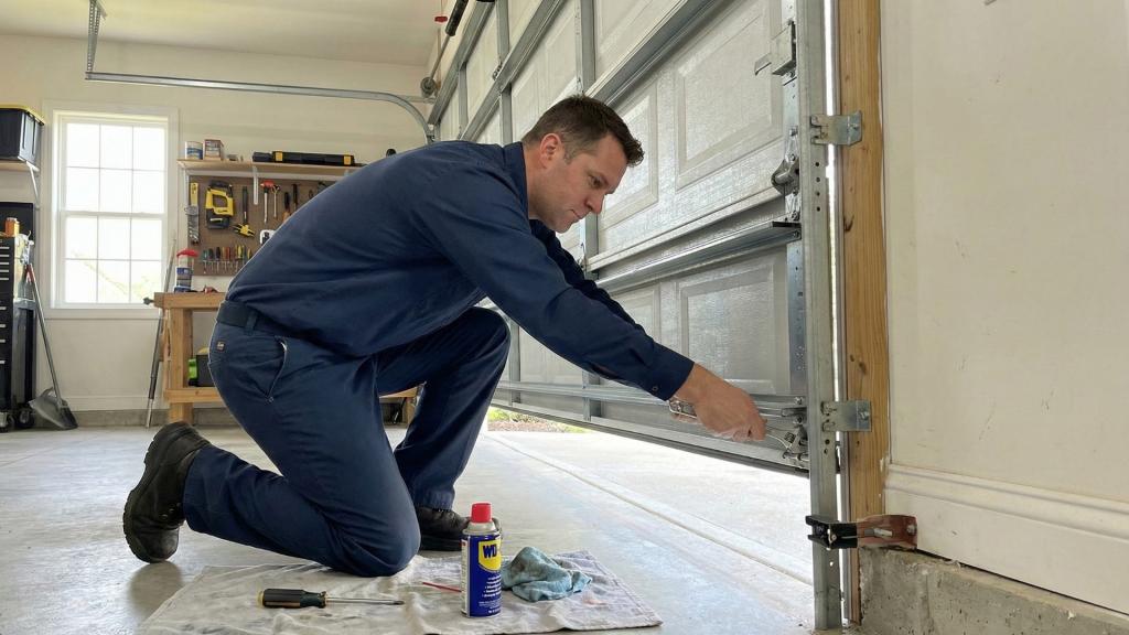 Professional replacing old rollers in a residential garage door