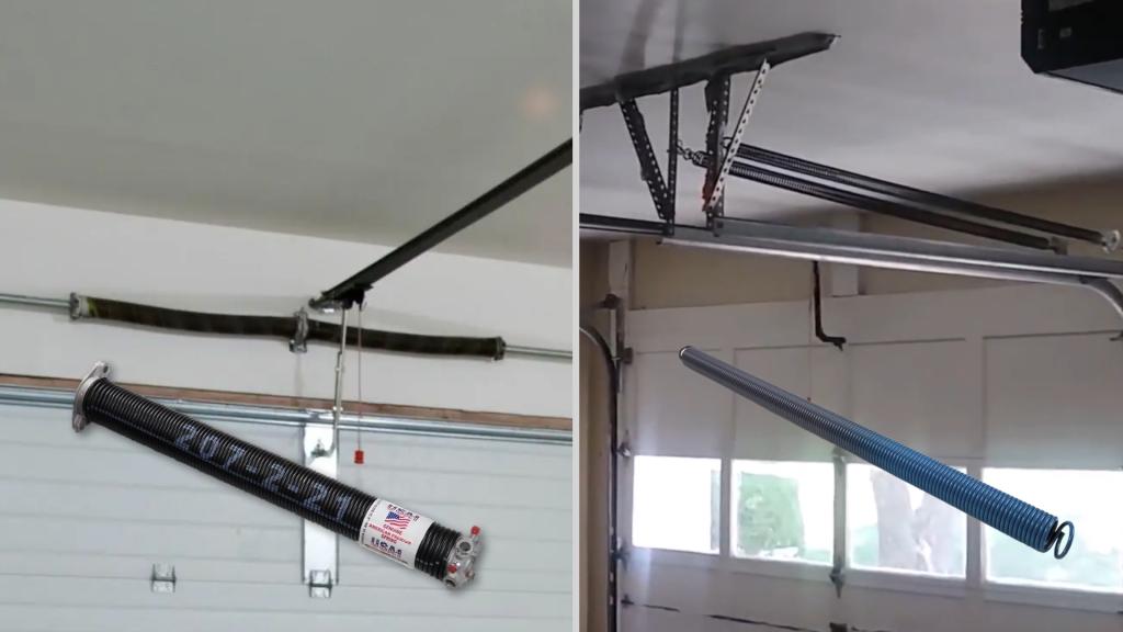 Side-by-side view of torsion spring and extension spring used in garage door systems
