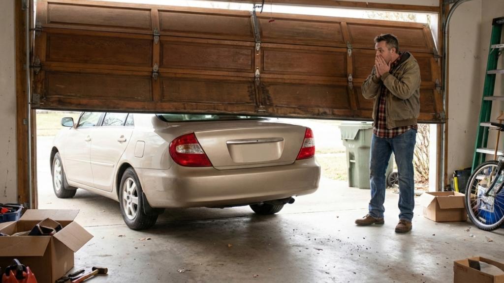 Man shocked by garage door stuck midway after spring failure