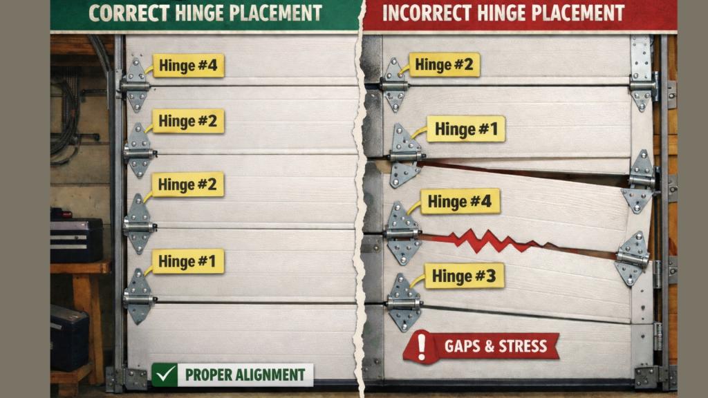 Correct and incorrect garage door hinge placement, featuring labeled hinges #1 to #4, highlighting proper alignment and potential gaps and stress issues.