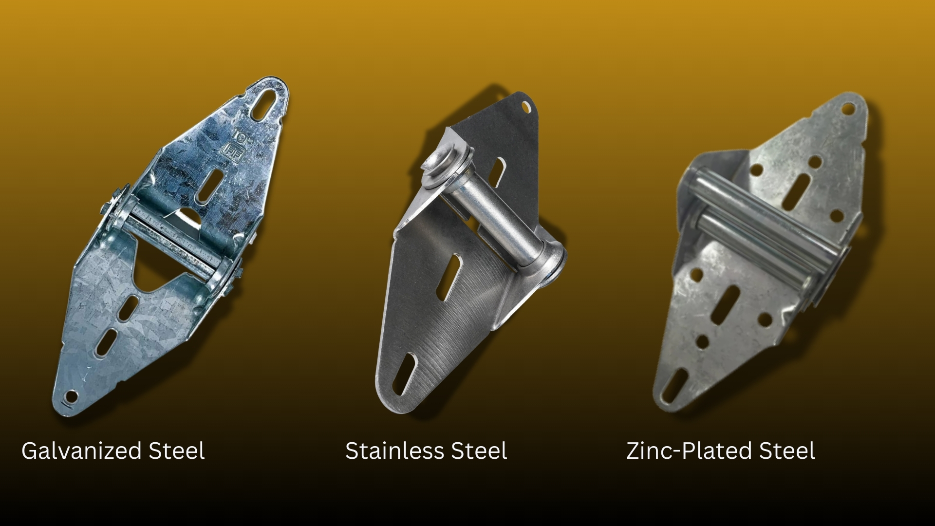 Garage door hinges made of galvanized steel, stainless steel, and zinc-plated steel, showcasing material options for durability and corrosion resistance.
