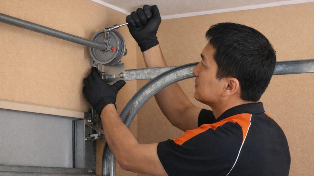 An expert technician adjusting garage door cables and drum system