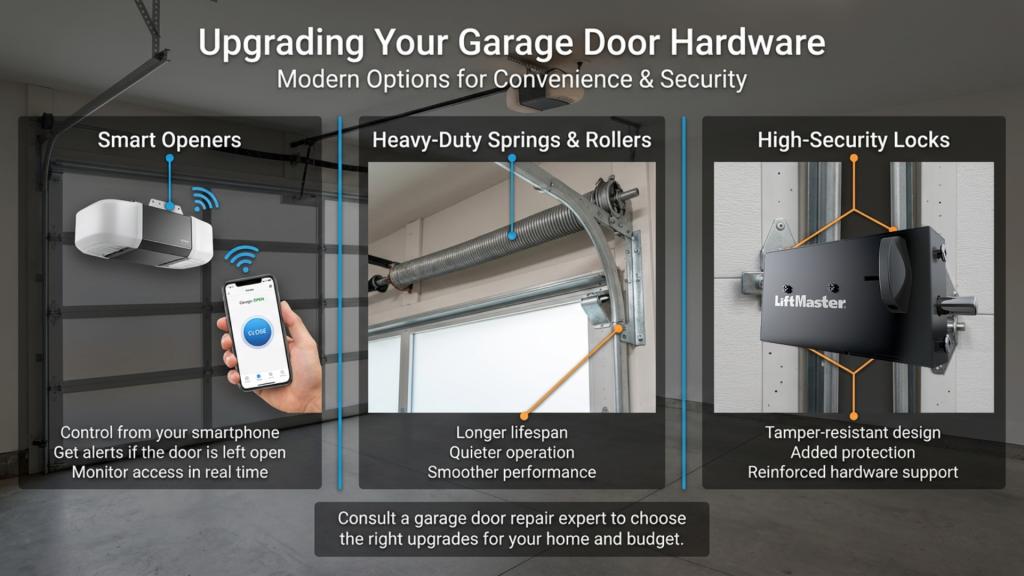 Smart garage door opener, heavy-duty springs and rollers, high-security locks, modern garage door hardware options for convenience and security.