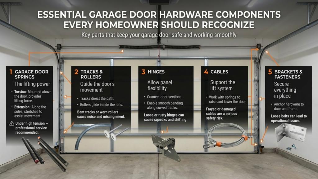 Essential garage door hardware components, including springs, tracks, rollers, hinges, cables, and brackets, displayed in a garage setting with informative text highlighting their functions and maintenance tips.