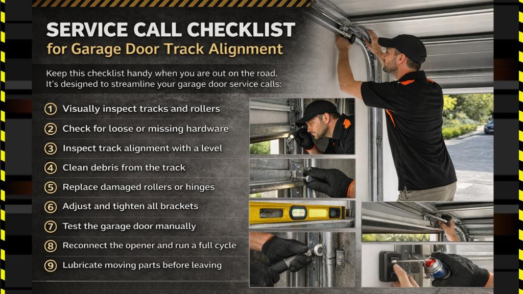 Infographic showing garage door repair checklist and alignment process