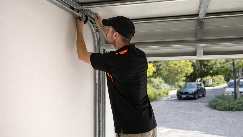 Technician performing garage door track alignment in residential home