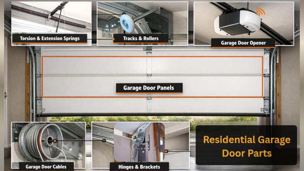 Visual guide to residential garage door parts like springs, track, rollers, and opener