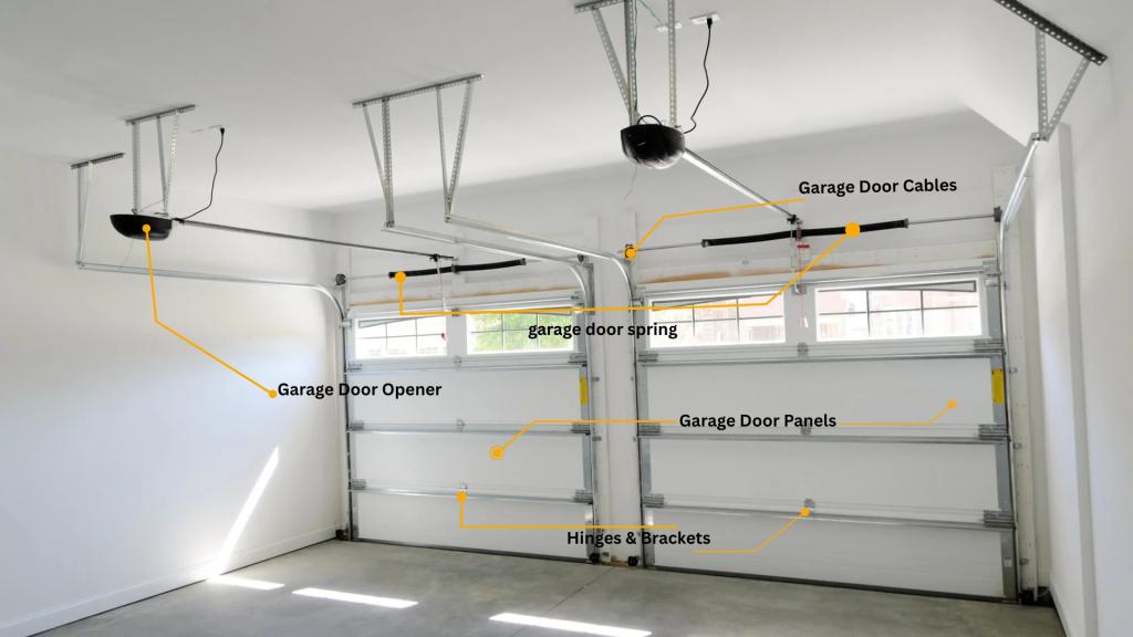 Garage door setup showing labeled parts such as cables, opener, and door panels