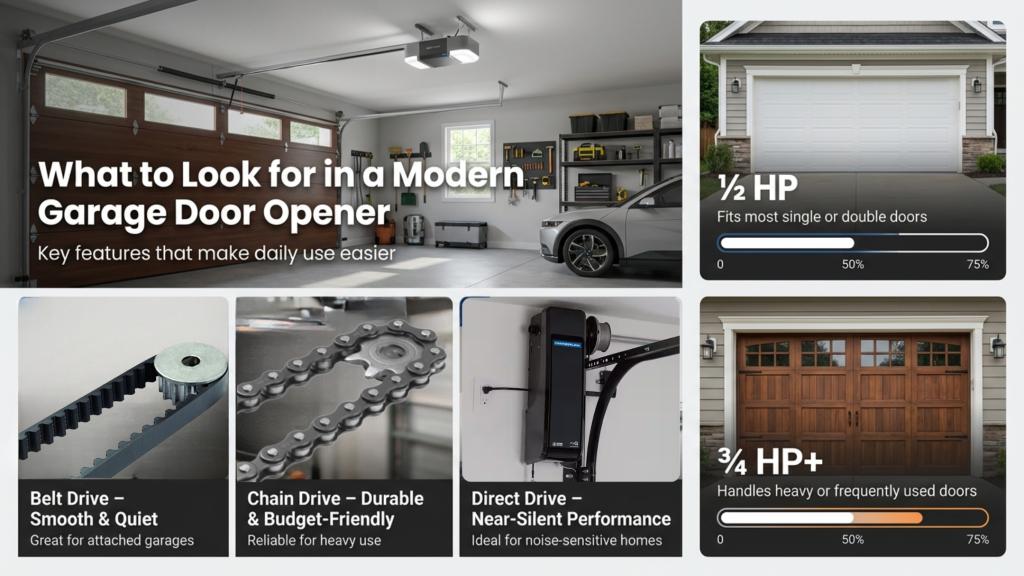 Garage interior showcasing modern garage door opener features, including belt drive, chain drive, and direct drive options, alongside horsepower ratings for optimal performance.