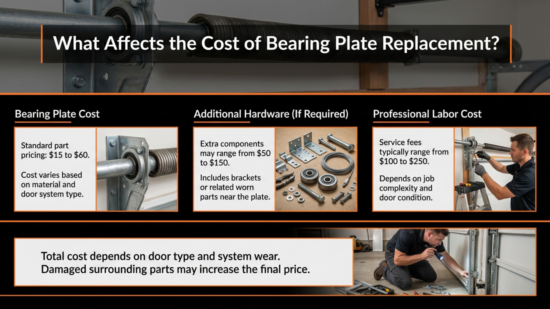 Infographic showing what affects garage door bearing plate replacement cost