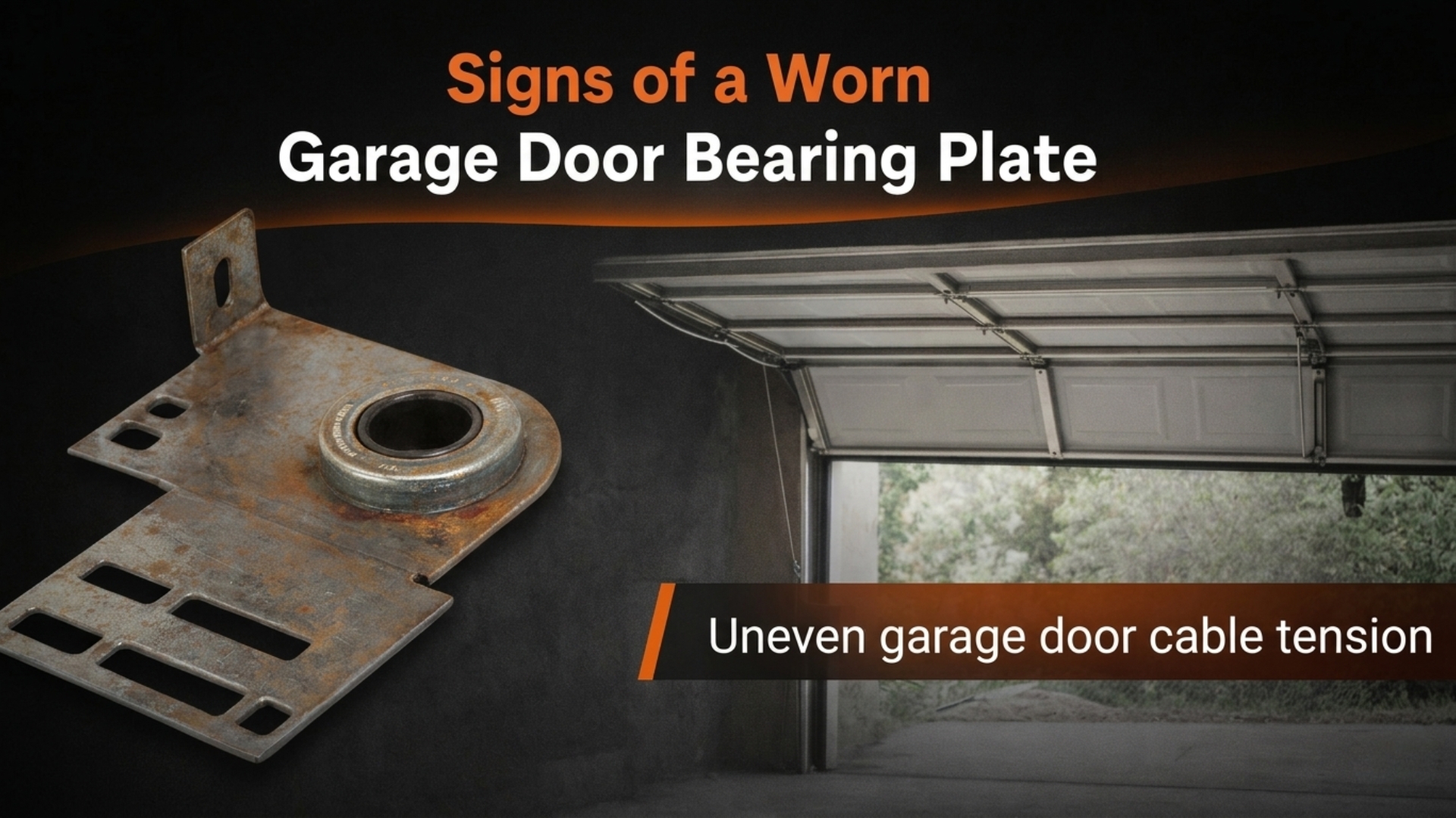 Worn and rusted garage door bearing plate causing imbalance in cable tension