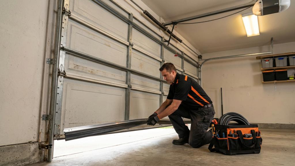 Technician installing a new garage door seal in a residential garage, demonstrating DIY maintenance and repair techniques for garage doors.