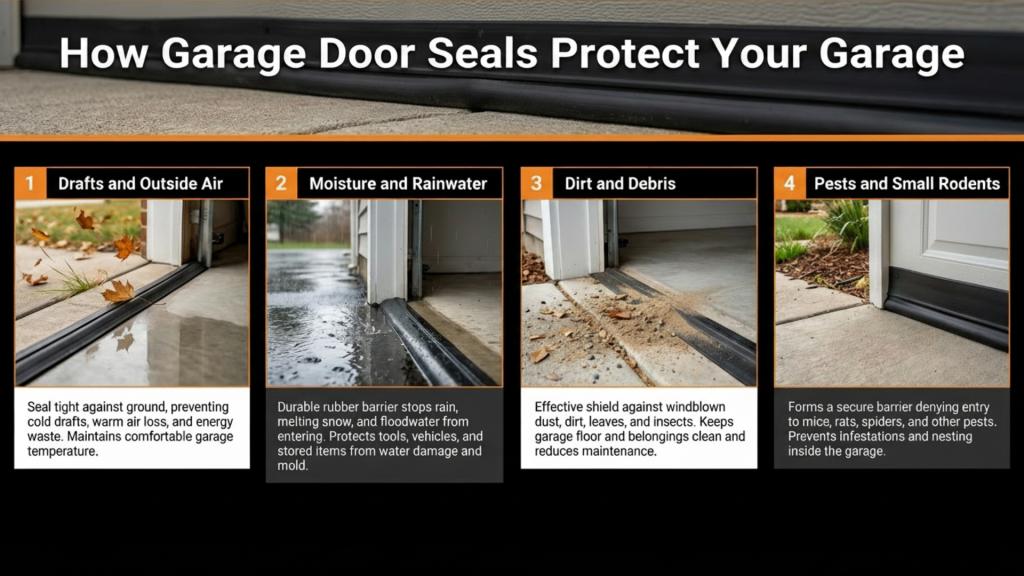 Image illustrating how garage door seals protect against drafts, moisture, dirt, and pests, featuring a close-up of a garage door seal in action, emphasizing its role in maintaining a comfortable and clean garage environment.