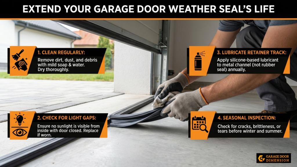 Garage door weather seal maintenance tips, including cleaning, checking for light gaps, lubricating the retainer track, and seasonal inspections, with a focus on extending seal lifespan.