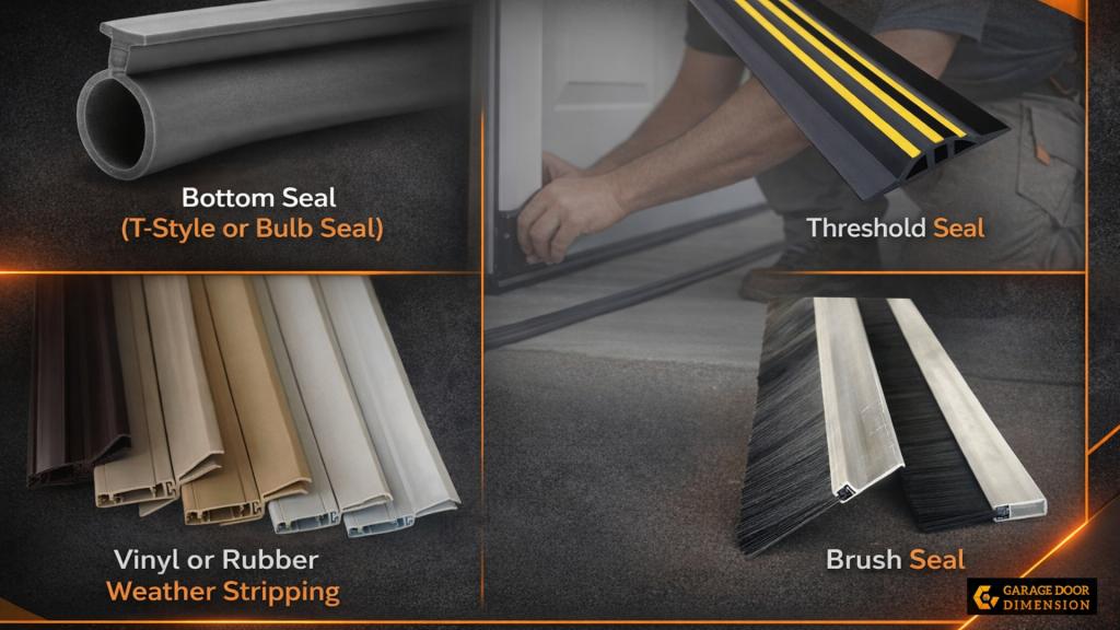 Bottom seal (T-Style or Bulb Seal), threshold seal, brush seal, and vinyl or rubber weather stripping displayed, illustrating various types of garage door weather seals for effective installation and moisture protection.