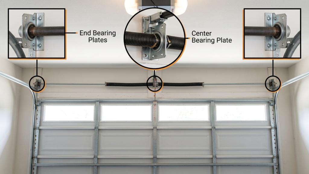 Garage door torsion system with center and end bearing plates labeled