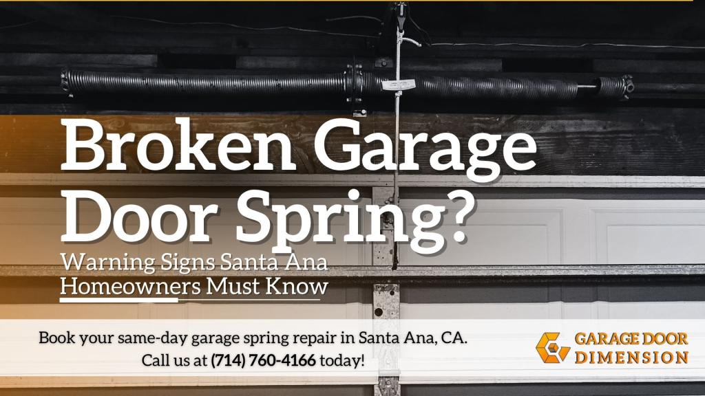 Broken garage door spring in Santa Ana showing damaged torsion spring above closed garage door