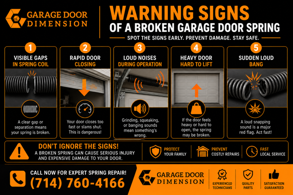 Broken garage door spring visual checklist showing five key signs homeowners should watch for
