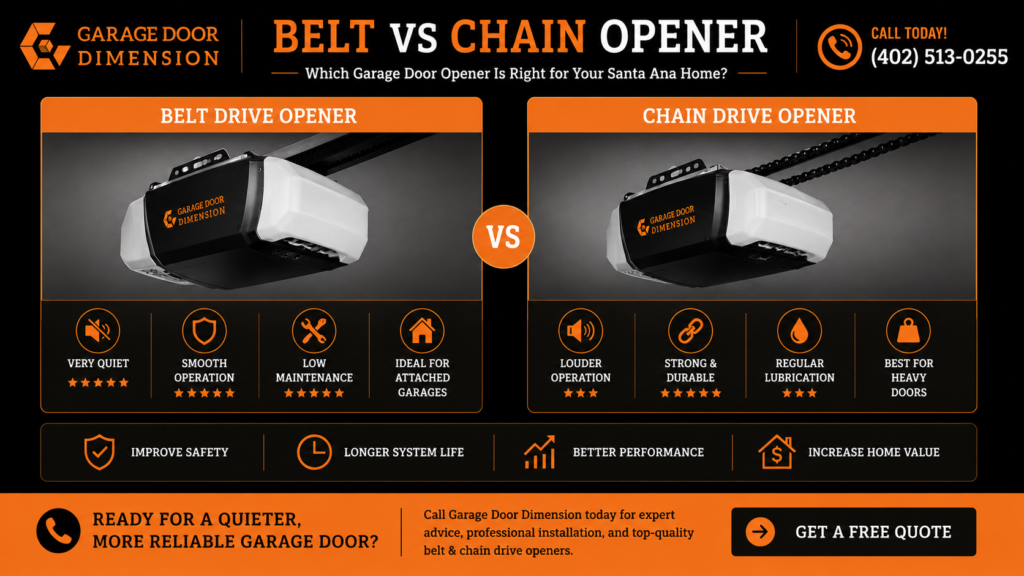 Belt vs chain opener infographic comparing noise level, durability, maintenance, and garage door performance for homeowners in Santa Ana
