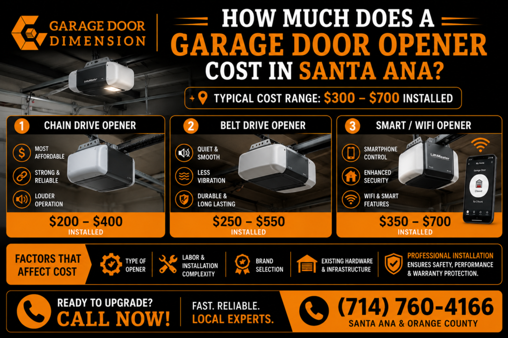 Infographic showing garage door opener cost in Santa Ana, including chain drive, belt drive, and smart WiFi opener price ranges, installation factors, and professional garage door opener installation services by Garage Door Dimension