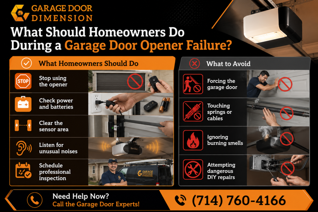 Garage Door Dimension infographic showing what homeowners should do during a garage door opener failure, including stopping use, checking power and batteries, clearing sensor area, listening for unusual noises, and scheduling a professional inspection, with visual examples of actions to avoid for safety