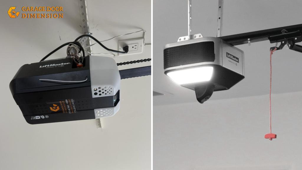 Side-by-side view of chain drive and belt drive garage door opener units mounted on garage ceilings