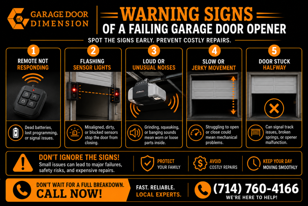 Infographic showing warning signs of a failing garage door opener, including flashing sensor lights, remote not responding, loud noises, slow movement, and garage door stuck halfway in Santa Ana.