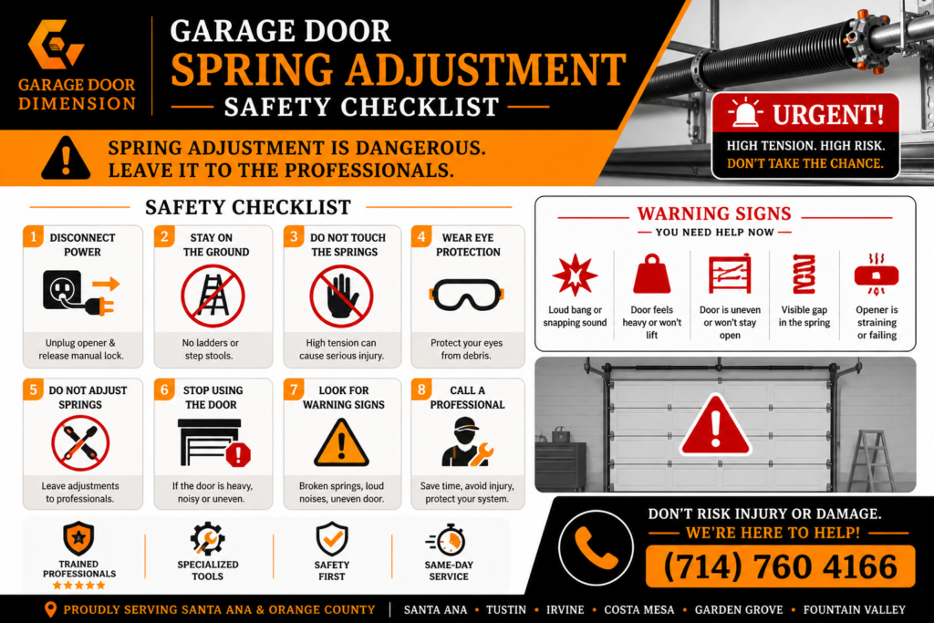 Garage door spring adjustment safety checklist infographic showing warning signs and when to call a professional in Santa Ana, CA