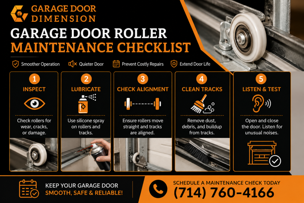 Garage door roller maintenance infographic showing inspection, lubrication, track cleaning, alignment, and noise testing