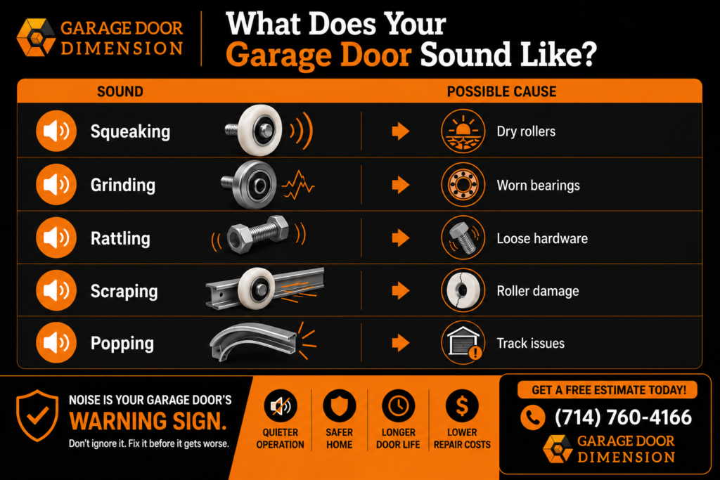 Garage Door Dimension infographic showing noisy garage door rollers and related sounds, including squeaking from dry rollers, grinding from worn bearings, rattling from loose hardware, scraping from roller damage, and popping from track issues