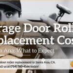 A Garage Door Dimension graphic shows a technician holding a garage door roller during replacement service, with text about garage door roller replacement cost in Santa Ana