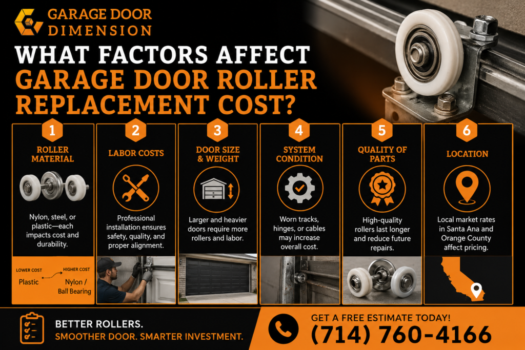 Infographic explaining garage door roller replacement cost factors, including roller material, labor, door size, system condition, part quality, and location