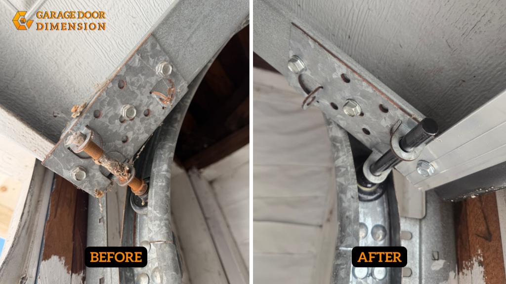 Before and after garage door roller replacement showing damaged roller hardware repaired with new rollers and track hardware
