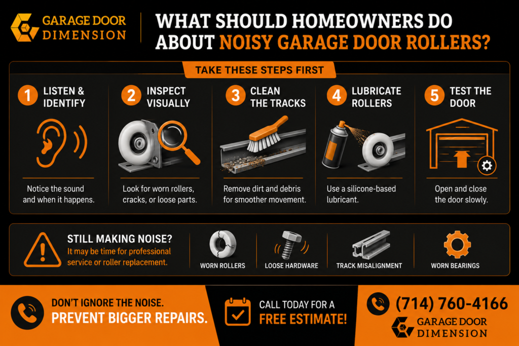 Infographic explaining steps for noisy garage door rollers, including visual inspection, track cleaning, silicone-based lubrication, slow door testing, and signs that professional roller replacement may be needed