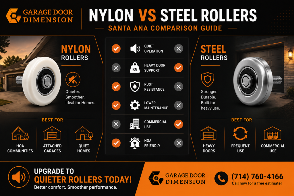 Infographic comparing nylon vs steel garage door rollers by noise level, durability, maintenance, and door type