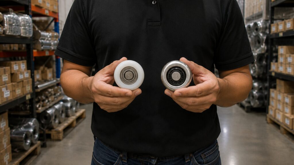 Garage Door Dimension technician holding nylon and steel garage door rollers for comparison