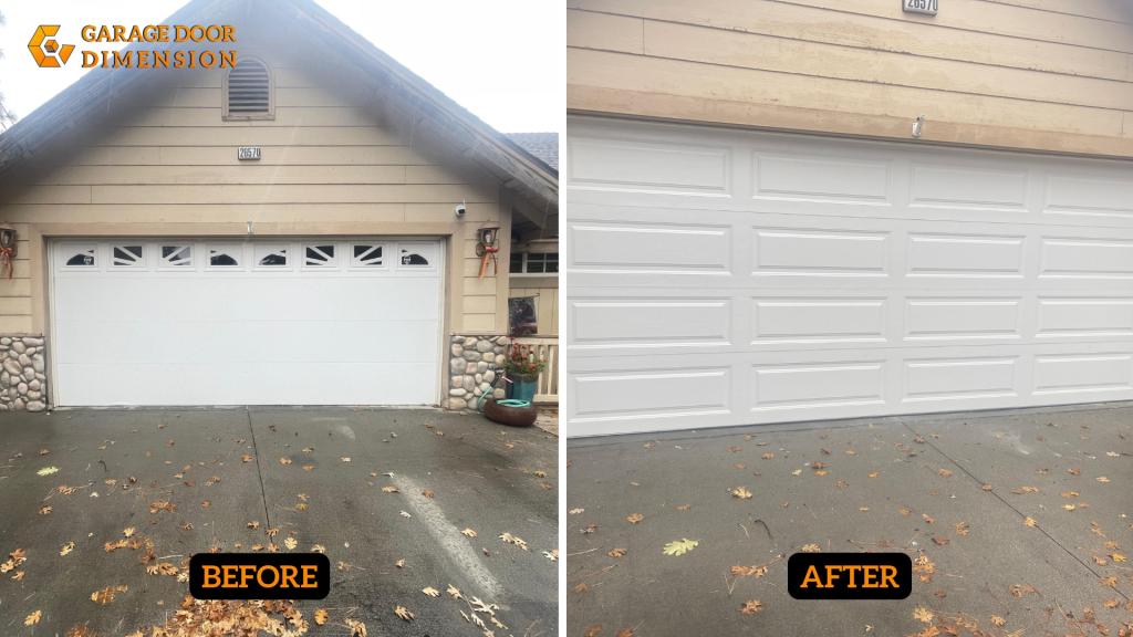 Garage Door Dimension project photo showing an older garage door changed to a new white garage door, supporting a garage door installation cost guide for homeowners