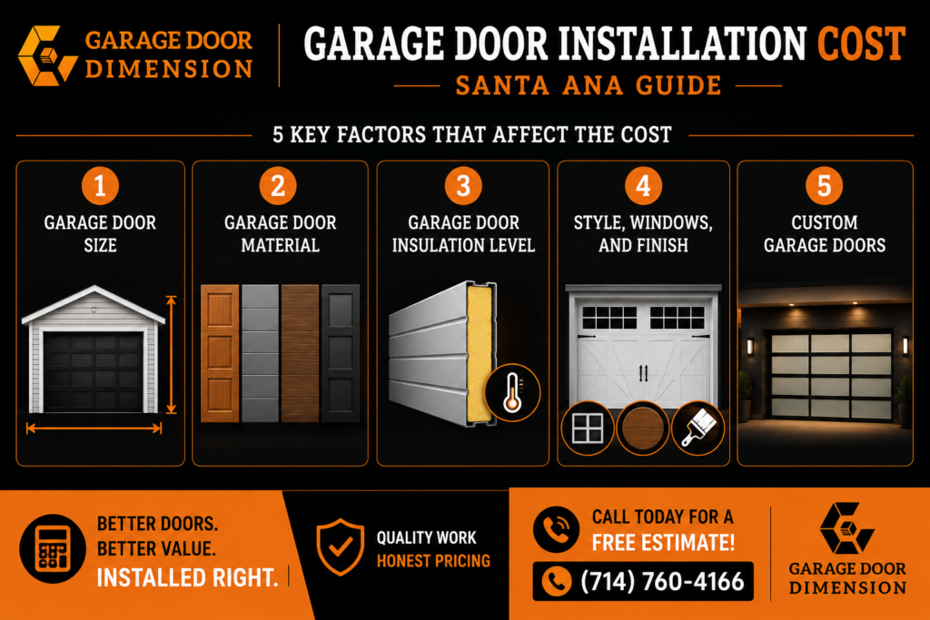 Garage door installation cost factors in Santa Ana, including door size, material, insulation, style, windows, finish, and custom doors