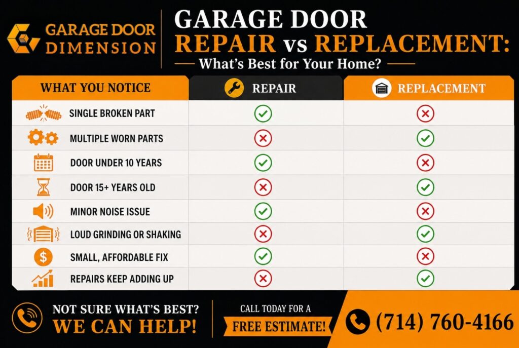 Garage Door Dimension infographic showing a repair vs replace garage door checklist with common signs like broken parts, worn hardware, door age, noise issues, and rising repair costs
