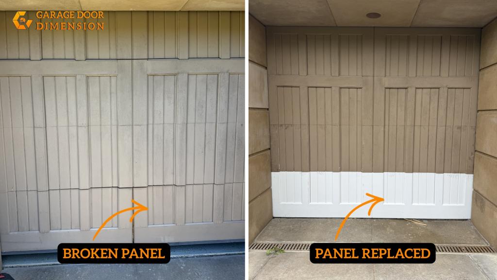 Garage Door Dimension before-and-after photo showing a damaged garage door panel on the left and a replaced lower garage door panel on the right