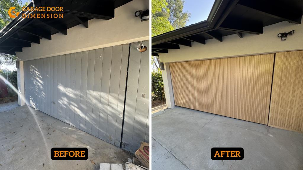 Before-and-after garage door replacement process for a Santa Ana home, featuring an old weathered gray door replaced with a modern vertical wood-look garage door